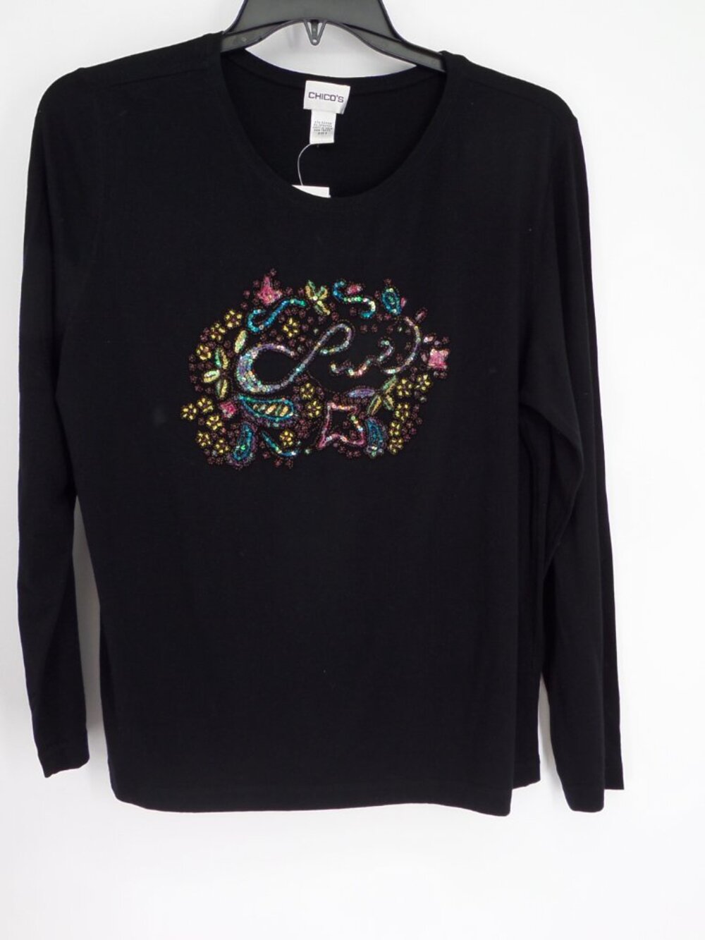 Chico's  Women's Long Sleeve Black Color Divine Zing Love Top  Size 3 US XL NWT